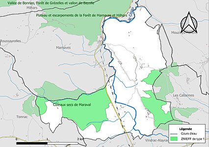 Carte des ZNIEFF de type 1 sur la commune.