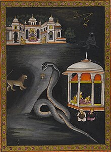 Painting of Krishna being carried across the river.