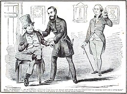 Black and white drawing of white man with a suit and top hat seated in a chair, having his arm examined by another white man; George Washington stands by with one finger raised