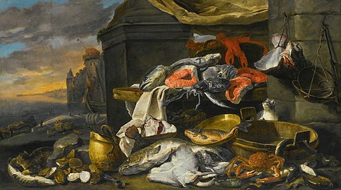 Fish, oysters, a crab and a lobster with cats..., Jan Fyt, c. 1650