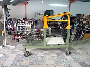 General Electric CJ805 pr 13:1, showing actuation mechanism for variable inlet guide vanes and 6 stages of variable stators with varying angles to suit starting and low speed running.