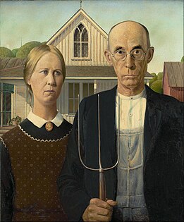 A pintura American Gothic de Grant Wood recebeu este nome por conta da casa gótica campestre ao fundo.