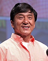 On the right: an image of actor Jackie Chan in a pink shirt.