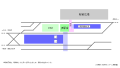 Schematic of station layout. Gray is the station forecourt. The narrow blue rectangle is the Miniami Aso platform, the thick blue is the JR Kyushu.