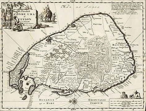 1681 map of Dutch Ceylon and the Kingdom of Kandy (North is on the left).