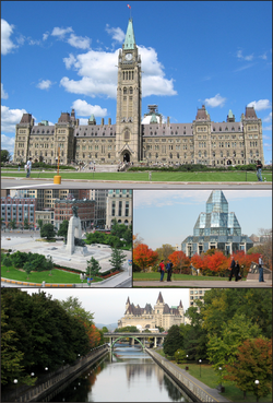מלמעלה בכיוון השעון: בניין הפרלמנט הקנדי, הגלריה הלאומית של קנדה, תעלת רידו ואנדרטת המלחמה הלאומית של קנדה