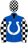 blue, white horseshoe, white sleeves and black checks, black and white checked cap