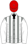 Grey and white stripes, white sleeves, red cap