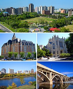 From left to right: central Saskatoon featuring the South Saskatchewan River; the Delta Bessborough hotel; the University of Saskatchewan; Downtown from the Meewasin trail; and the Broadway Bridge.