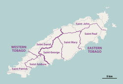 多巴哥（大岛）、小多巴哥（最右边）、山羊岛（多巴哥和小多巴哥之间）和圣吉尔斯岛（右上角）