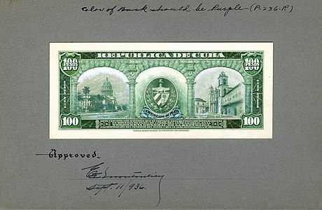 One-hundred-peso silver certificate from the 1936 series, progress proof reverse, by the Bureau of Engraving and Printing