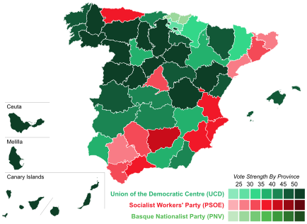 Map of Spain showcasing winning party's strength by constituency