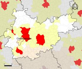 Localisation de l'aire d'attraction de Castelsarrasin dans le département de Tarn-et-Garonne.