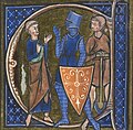 A miniature depicting a tonsured man, a fully armored man wearing a shield, and a man who holds a spade