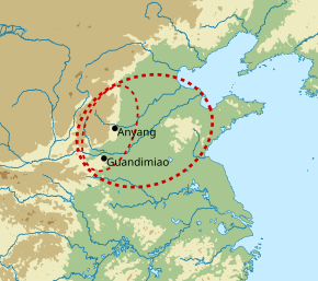 A map of northern China, showing Guandimiao and Anyang marked within two dotted circles, one inside the other.