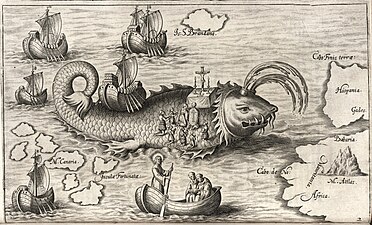 Giant fish encountered by St. Brendan. "Insula Fortunata" marked near it.[186]