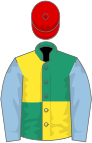 Emerald green and yellow (quartered), light blue sleeves, red cap