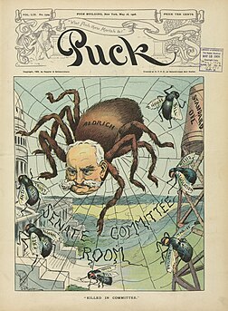 Capa da revista Puck de 1906, com uma caricatura do influente senador dos Estados Unidos Nelson W. Aldrich. Aldrich foi um proeminente político americano e líder do Partido Republicano no Senado dos Estados Unidos, onde representou Rhode Island de 1881 a 1911. Na década de 1890, foi um dos principais republicanos dos “Quatro Grandes” que controlavam amplamente as principais decisões do Senado, junto com Orville H. Platt, William B. Allison e John Coit Spooner. Por causa de seu impacto na política nacional e posição central no principal Comitê de Finanças do Senado, ele foi referido pela imprensa e pelo público como o “gerente geral da Nação”, dominando política tarifária e monetária na primeira década do século XX. (definição 3 849 × 3 849)