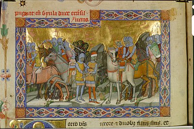 Chronicon Pictum, Hungarian, Hungary, King Stephen, Gyula, Transylvania, capturing, white horse, knights, double cross, Hungarian coat of arms, medieval, chronicle, book, illumination, illustration, history