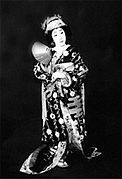 Nakamura Utaemon VI in costume for a female kabuki role in Musume Dōjōji, 1951.