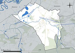 Carte en couleur présentant le réseau hydrographique de la commune