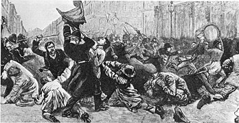 Des manifestants du Bloody Sunday de novembre 1887 agressent un policier, qui tente lui-même d'arracher une pancarte des mains d'une femme (The Illustrated London News).