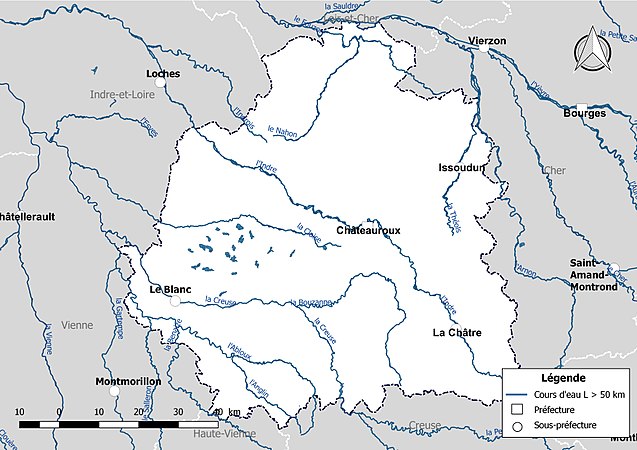 Carte des cours d'eau de longueur supérieure à 50 km de l'Indre.