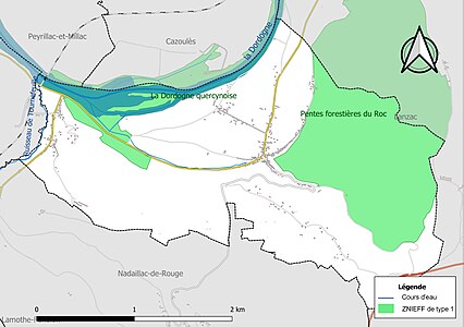 Carte des ZNIEFF de type 1 sur la commune.