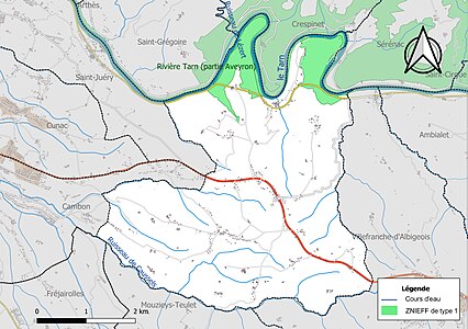 Carte des ZNIEFF de type 1 sur la commune.