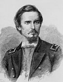 Black and white sketch shows a bearded man in a dark military uniform with the shoulder tabs of a brigadier general.