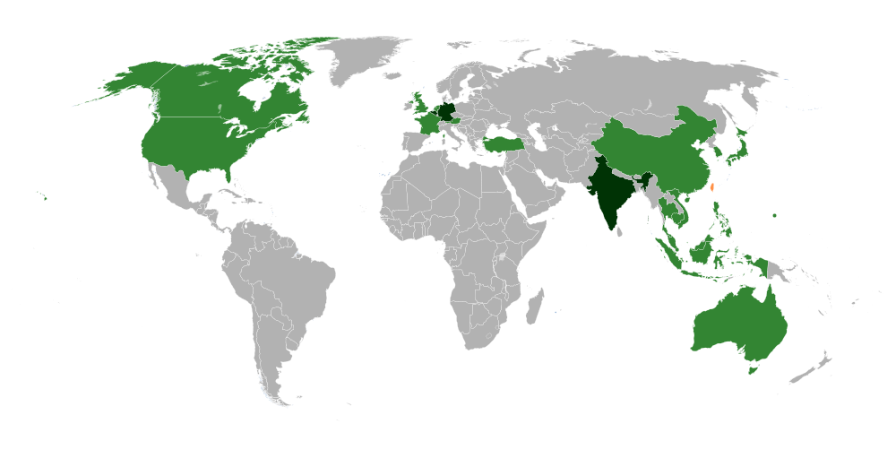 Countries with EVA Air destinations as of May 2019