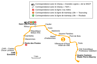 Tracé géographiquement exact de la ligne 1 de Quatre Cantons au CHU - Eurasanté.