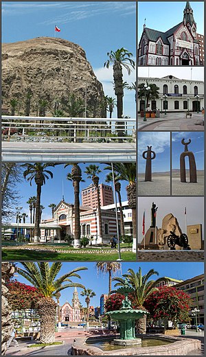 Clockwise, from top: Morro de Arica; Arica Cathedral; station of the Tacna-Arica railway; Casa de la Cultura de Arica; Presencias tutelares sculptures; Museum of History and Weapon; Plaza Colón