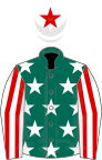 Dark green, white stars, white and red striped sleeves, white cap, red star