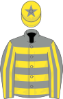 Grey, yellow hoops, striped sleeves, yellow cap, grey star
