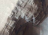 Layers from numerous lava flows are exposed on the side of a pit on the lower west flank of Arsia Mons (photo by HiRISE).