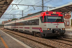 Renfe Class 447 electric multiple unit stopped in Silla (Spanish province of Valencia) station.
