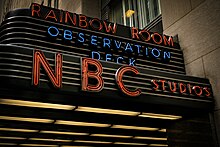 Marquee at 30 Rockefeller Plaza, displaying the names of the Rainbow Room and NBC Studios