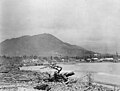 Apia and the beach covered in driftwood and debris from the wrecked warships.