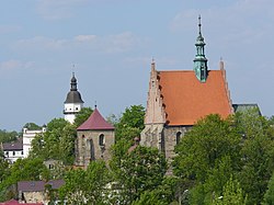 Panorama of Szydłowiec with the iconic Town Hall on the left and the Saint Sigismund Church on the right