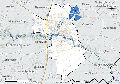 Carte en couleur présentant le réseau hydrographique de la commune