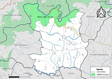 Carte de la ZNIEFF de type 1 sur la commune.