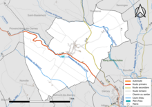 Carte en couleur présentant le réseau hydrographique de la commune