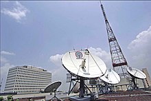 The ABS-CBN Broadcasting Center as viewed from the rooftop of the main building of ABS-CBN. ELJ Communications Center (left) and Millennium Transmitter (right).