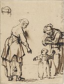 Figure sketch in ink of two women teaching a baby to walk, Carel Fabritius, c. 1640