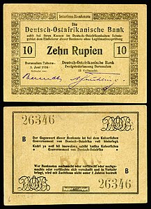 Ten German East African rupie, by the Deutsch-Ostafrikanische Bank