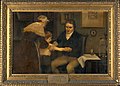Dr Jenner performing his first vaccination on James Phipps, a boy of age 8. 14 May 1796. Painting by Ernest Board (early 20th century)