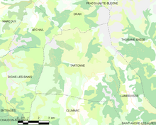 Carte élémentaire montrant les limites de la commune, les communes voisines, les zones de végétation et les routes