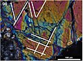 Olivine in Ribbeck, showing fracture lines, indicative of shock metamorphism