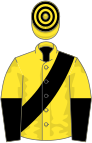 Yellow, black sash, halved sleeves, hooped cap